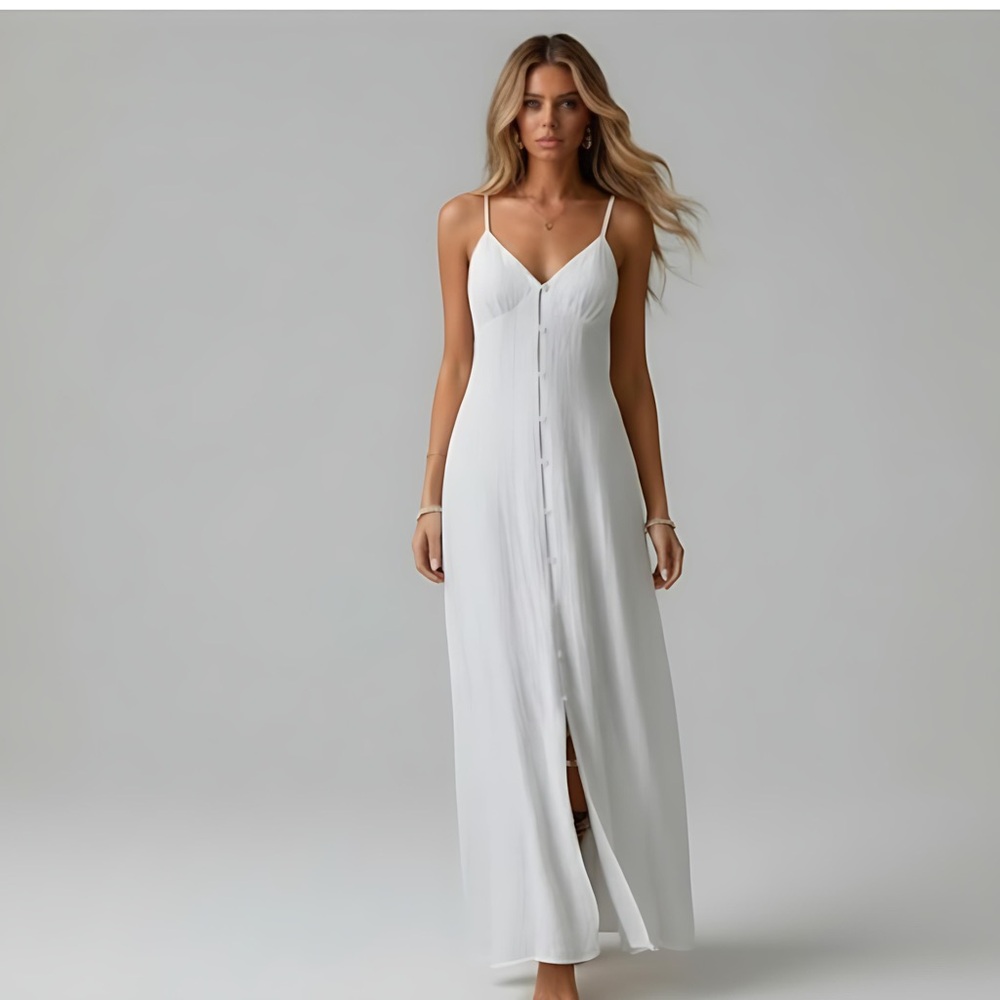 LAST ONE 🔥Button Cami Shirred Back Maxi Dress White - Picture 3 of 9
